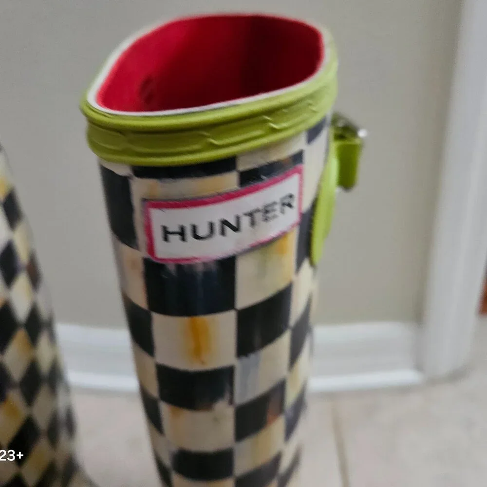 VERY RARE MACKENZIE CHILDS HUNTER COURTLY CHECK GREEN TALL RAIN BOOTS WELLIES 8